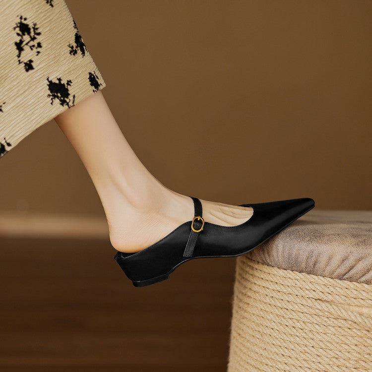 Black genuine leather mule with sling strap and gold-tone buckle, pointed toe.
