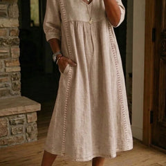Beige lightweight maxi dress with gathered bodice and 3/4 ruched sleeves