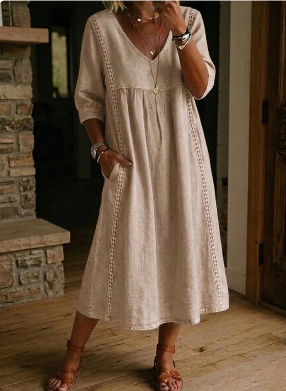 Beige lightweight maxi dress with gathered bodice and 3/4 ruched sleeves