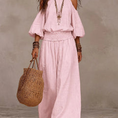 Liliana™ jumpsuit in blush pink, cold-shoulder with puff sleeves and wide-leg pants