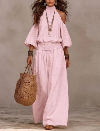 Liliana™ jumpsuit in blush pink, cold-shoulder with puff sleeves and wide-leg pants