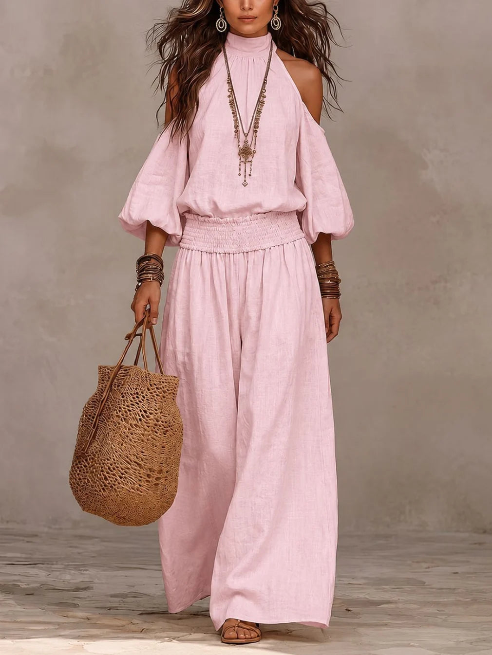 Liliana™ jumpsuit in blush pink, cold-shoulder with puff sleeves and wide-leg pants