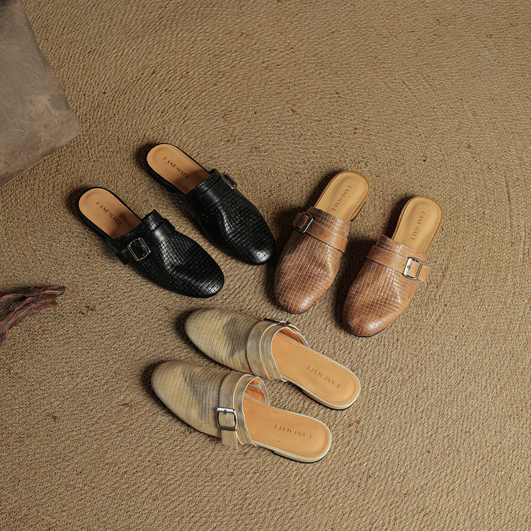 Genuine leather mules with buckles in black, tan, copper, and cream