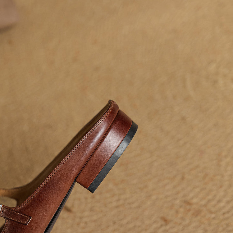 Brown genuine leather mule with low stacked heel and side strap