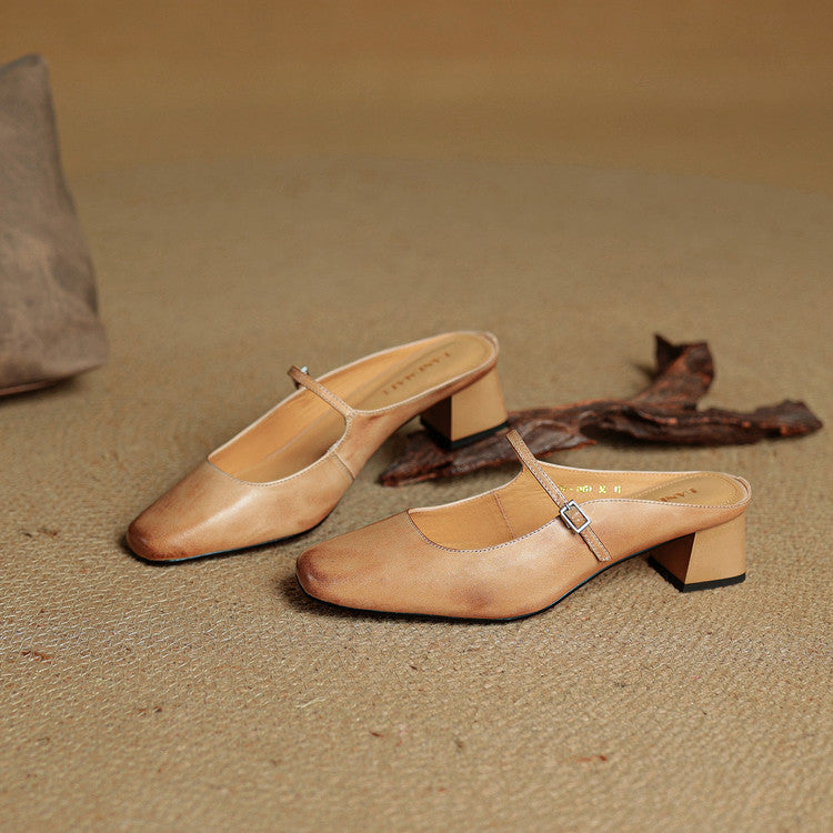 Apricot leather mules with side buckle strap and low block heel, front view