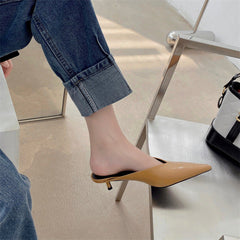 Beige pointed-toe slip-on mules with low heel