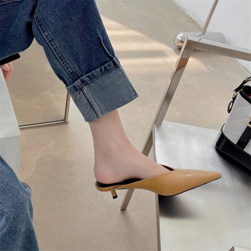 Beige pointed-toe slip-on mules with low heel