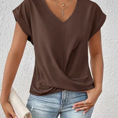 Women's V-neck T-shirt in dark brown, draped crossover front