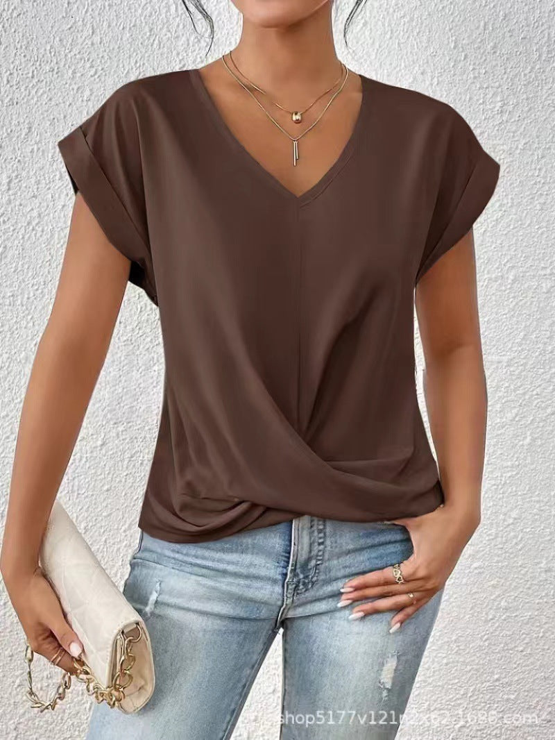 Women's V-neck T-shirt in dark brown, draped crossover front