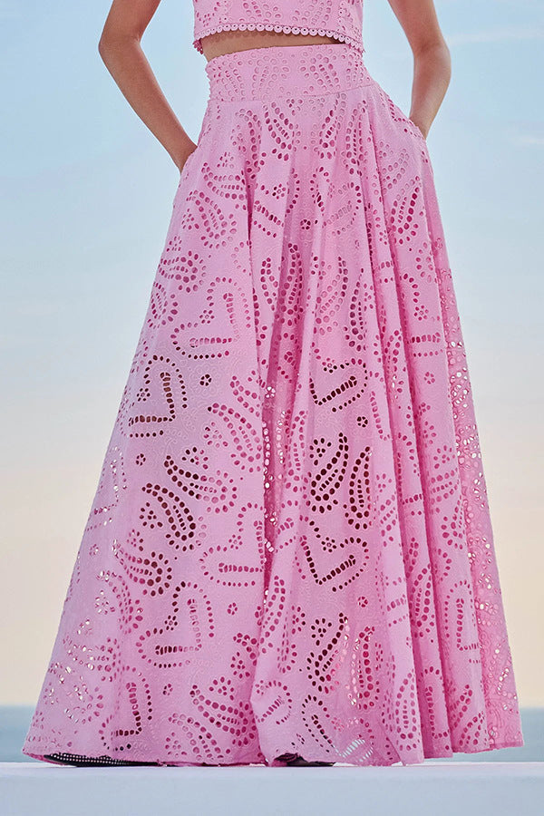Women’s pink eyelet set dress skirt with A-line flare and allover heart embroidery