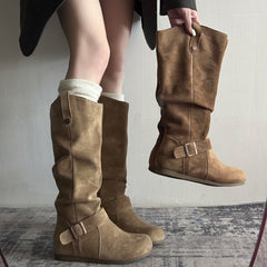 Khaki suede flat-sole orthopedic boots with buckle straps and side zipper