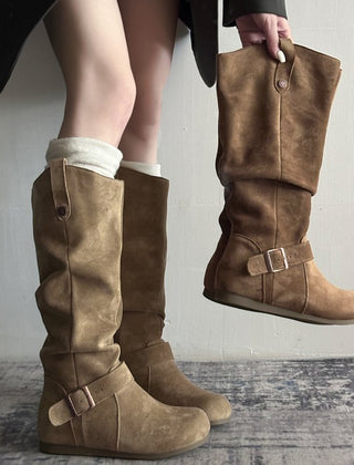 Khaki suede flat-sole orthopedic boots with buckle straps and side zipper