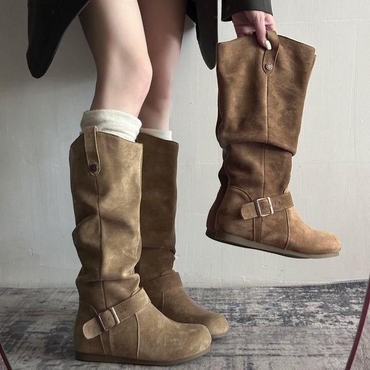 Khaki suede flat-sole orthopedic boots with buckle straps and side zipper