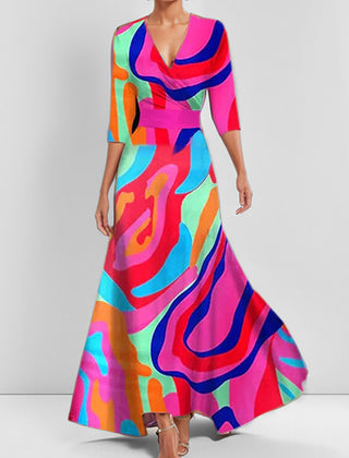Wrap maxi dress, multicolored abstract print, V-neck, 3/4 sleeves