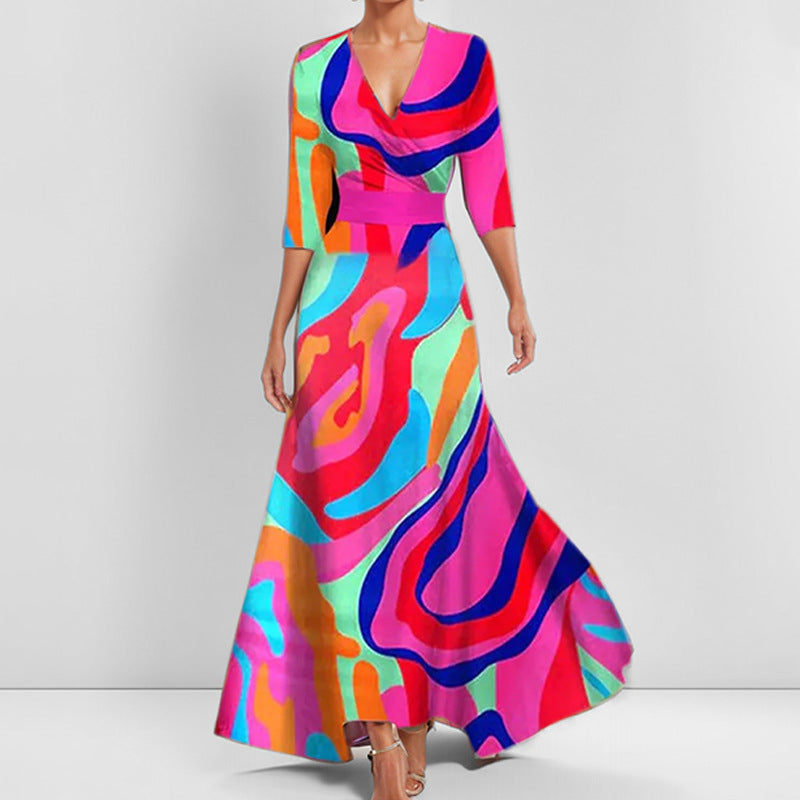 Wrap maxi dress, multicolored abstract print, V-neck, 3/4 sleeves