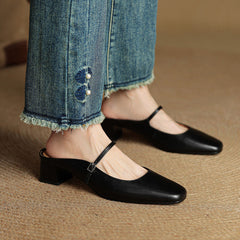 Esmer genuine leather mules in black, T-strap with square toe and block heel