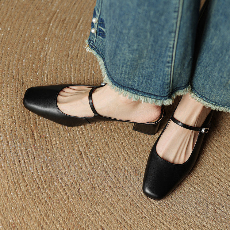 Esmer genuine leather mule in black, square toe with adjustable T-strap buckle