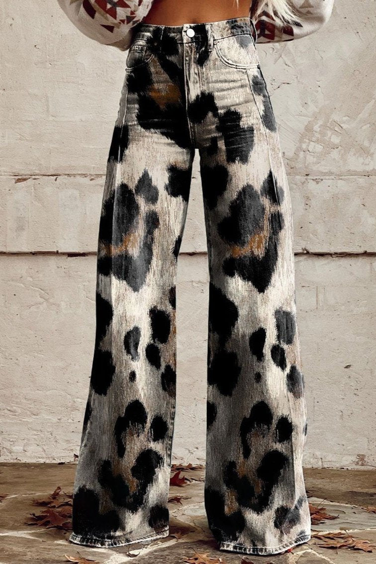 Leona boho vintage jeans, high-waist wide-leg in leopard print denim with button fly
