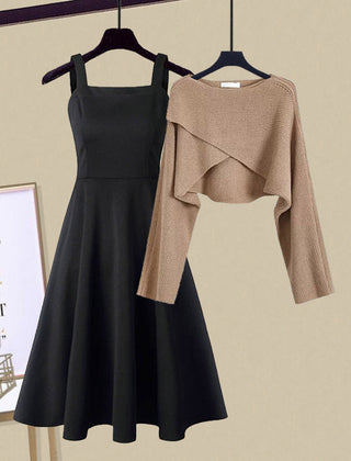 Amberly™ elegant dress set: taupe long-sleeve ruffle crop top with matching dress