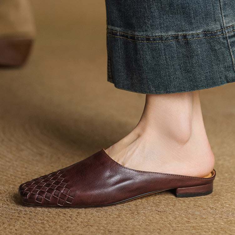Burgundy genuine leather mules with woven toe and flat sole heel