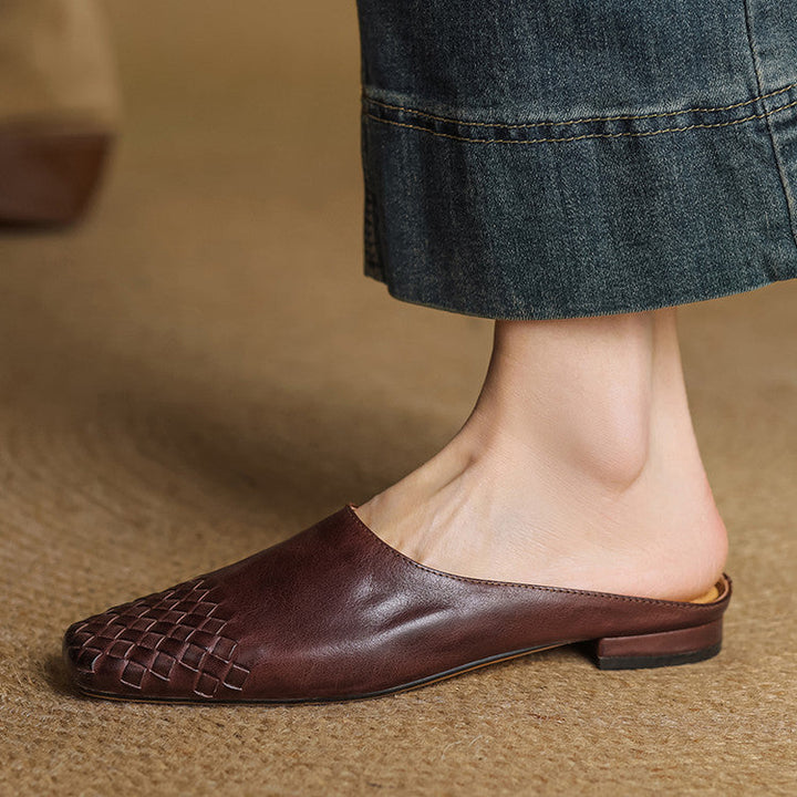 Burgundy genuine leather mules with woven toe and flat sole heel