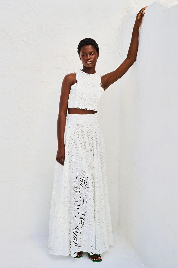 Women’s white eyelet set dress with sleeveless bodice and long A-line skirt