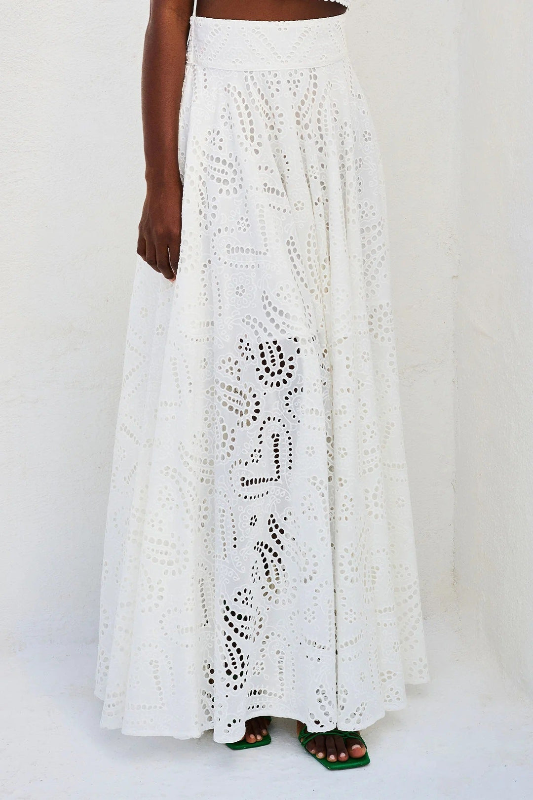 Women’s white eyelet set dress skirt with A-line flare and cutout heart pattern