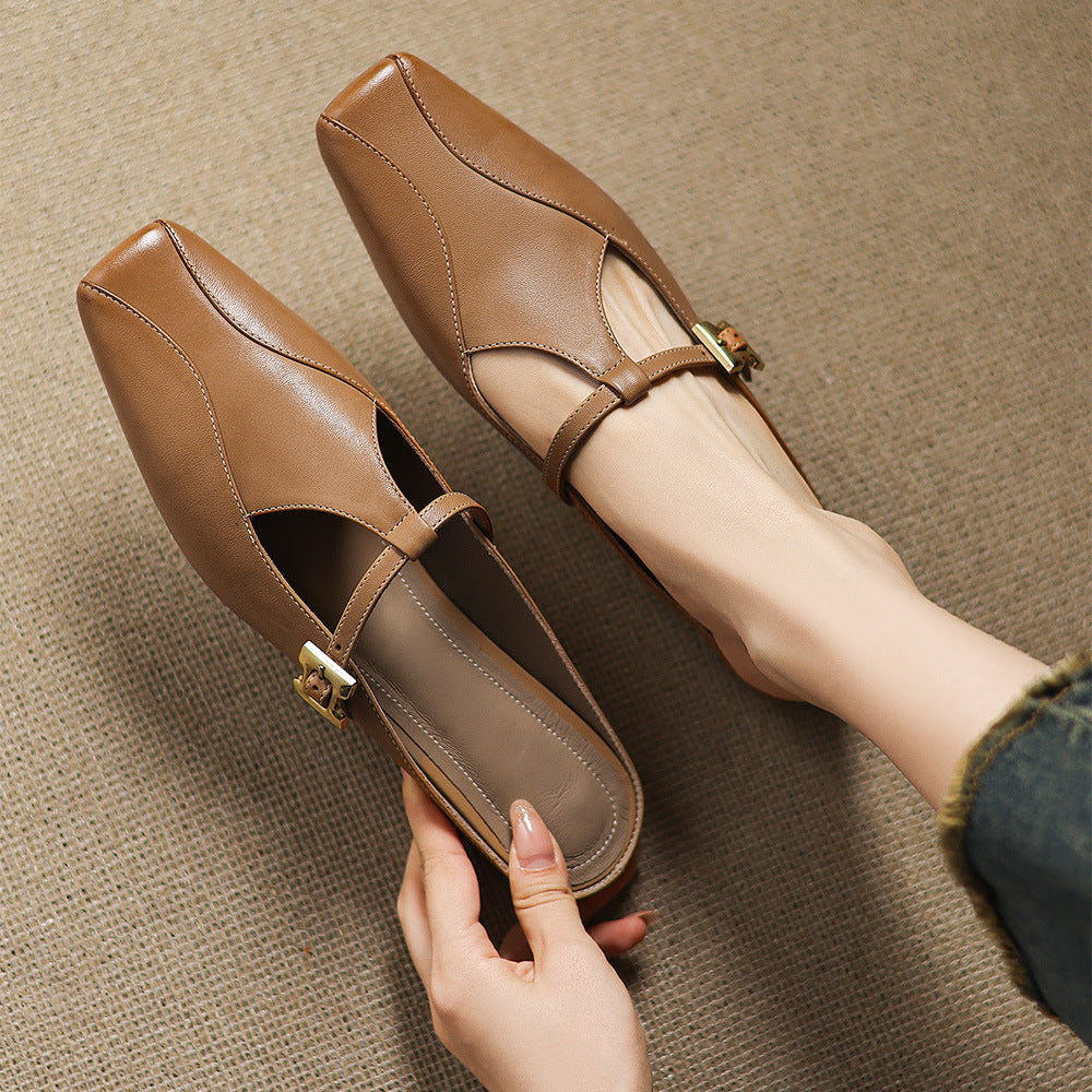 Brown leather mules with gold buckle sling strap, open heel and stitched square toe