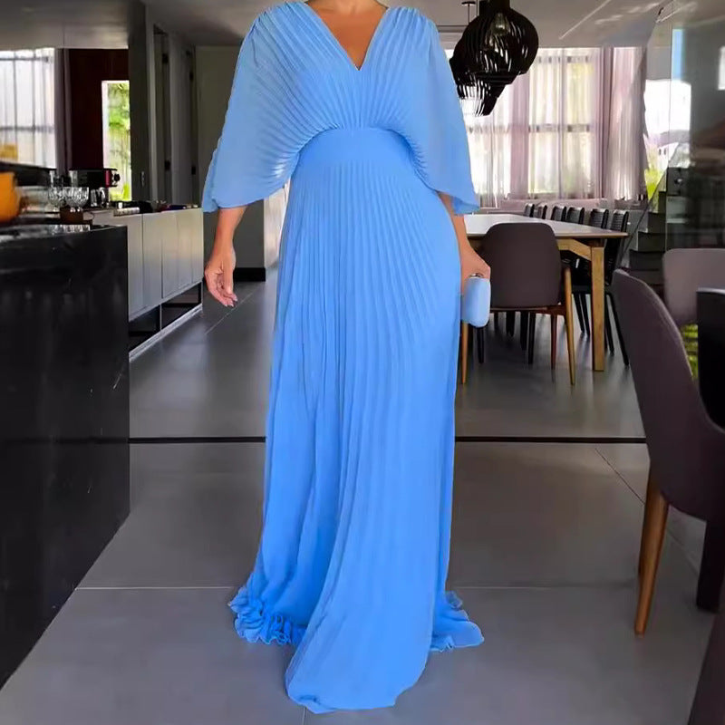 Sky blue ribbed V-neck maxi dress with gathered waist and 3/4 sleeves