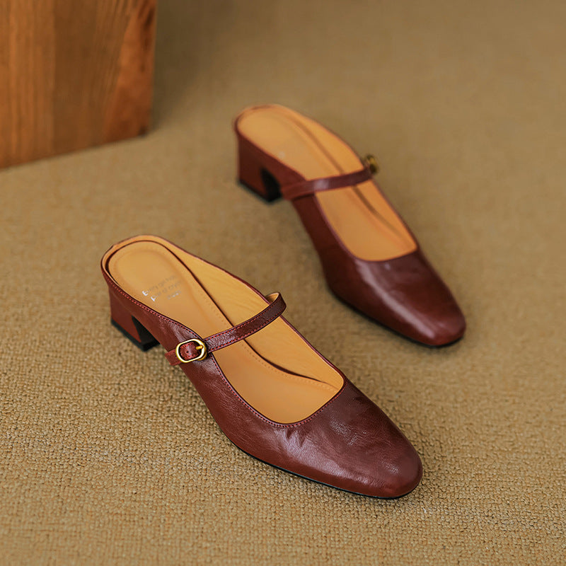 Maroon leather mules with sling strap and square-toe low block heel, tan interior