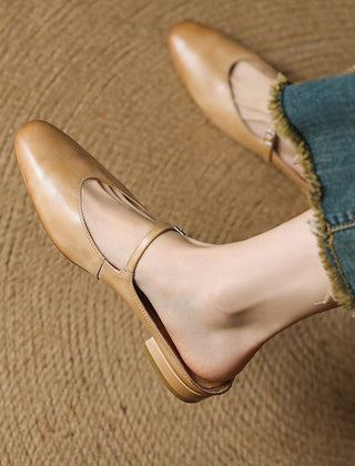 Apricot genuine leather mules with ankle strap and buckle, low stacked heel