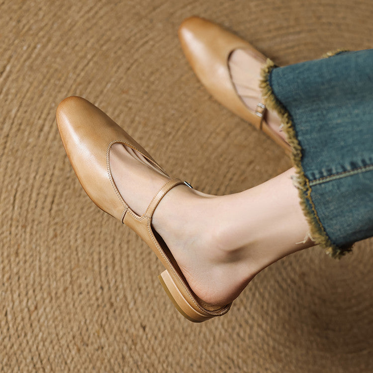 Apricot genuine leather mules with ankle strap and buckle, low stacked heel