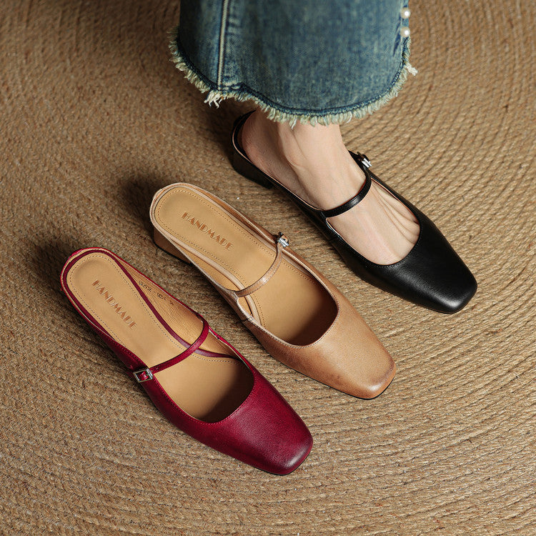 Set of leather mules: black and red, side buckle straps with block heels