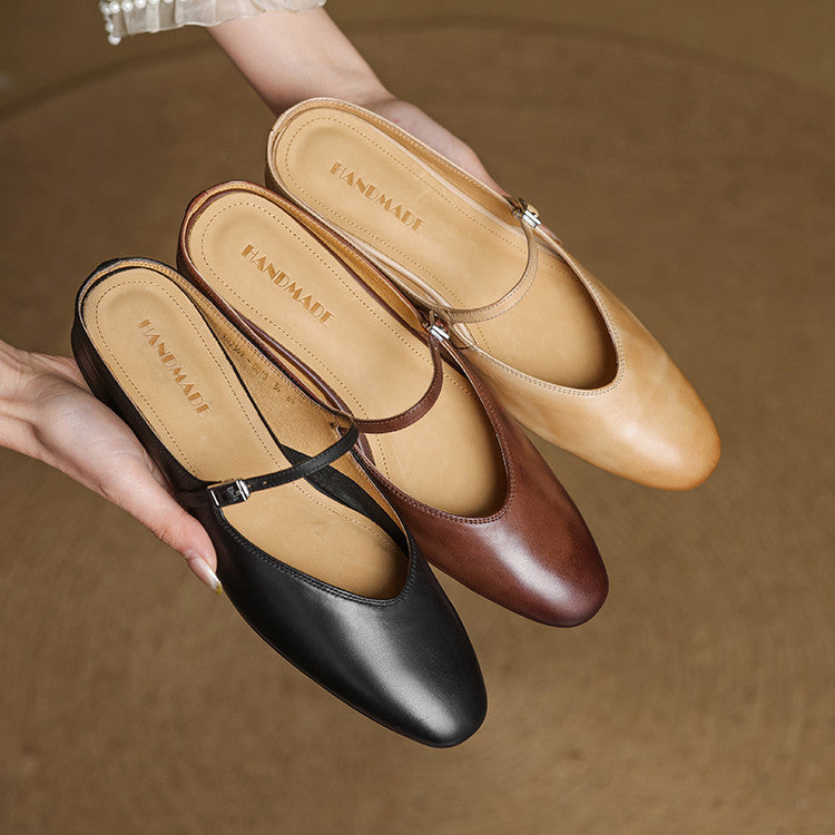 Genuine leather mules in black and brown, buckle slingback style, low heel