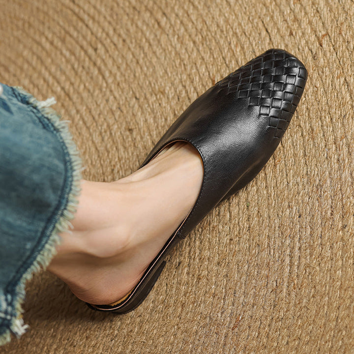 Black woven leather mule with square toe and open heel collar