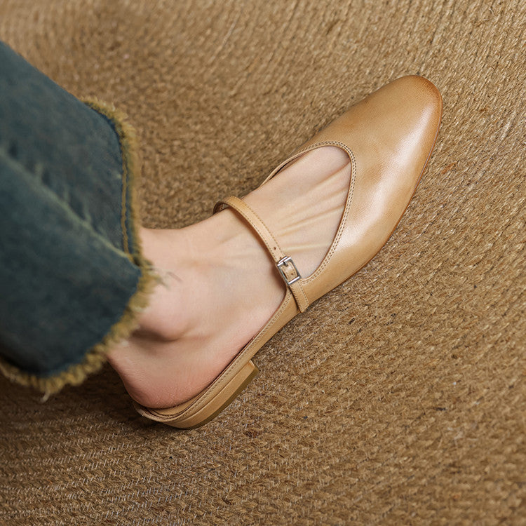 Apricot leather mule with side buckle strap and low stacked heel