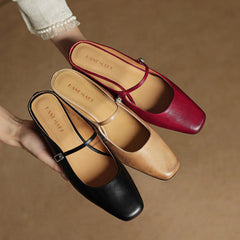Esmer genuine leather mules set in red, apricot, and black with T-strap buckles