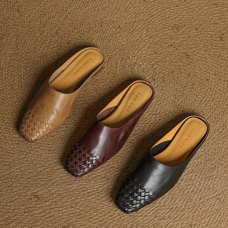 Set of leather mules: tan, burgundy, and black woven uppers with open toe