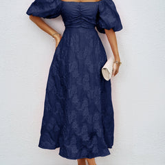 Navy off-shoulder midi dress with short puff sleeves and gathered waist