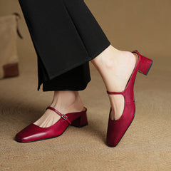 Red genuine leather mule heels with slingback strap, worn with cropped pants