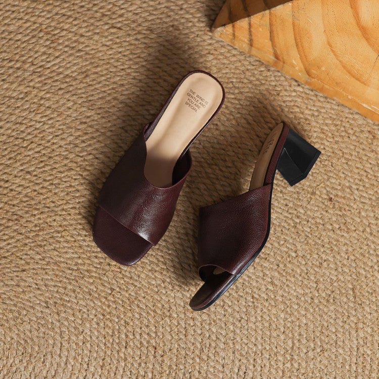Maroon genuine leather mule sandals, open toe and low block heel, side view