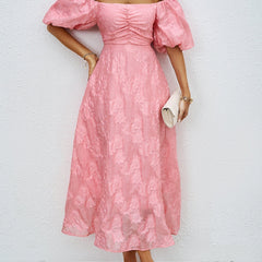 Pink off-shoulder midi dress with puff sleeves and ruched center bodice detail