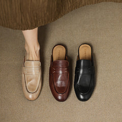 Set of genuine leather mules in beige, brown, and black with rounded slip-on toe