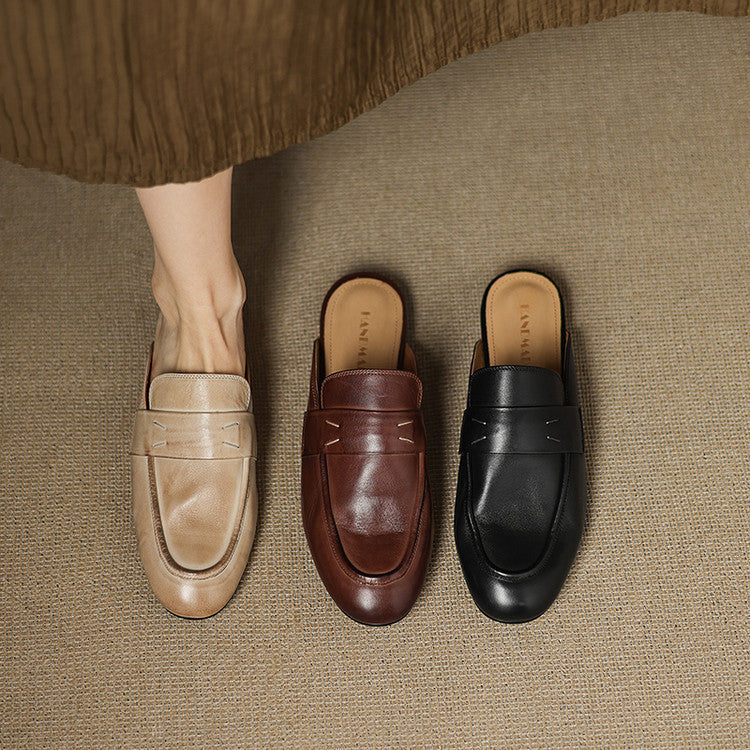 Set of genuine leather mules in beige, brown, and black with rounded slip-on toe