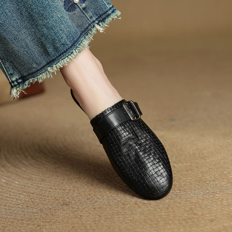 Black leather mule with square buckle strap and pointed closed toe