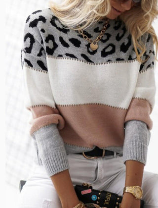 Leopard-print color block knit sweater with white front and pink-taupe lower panel