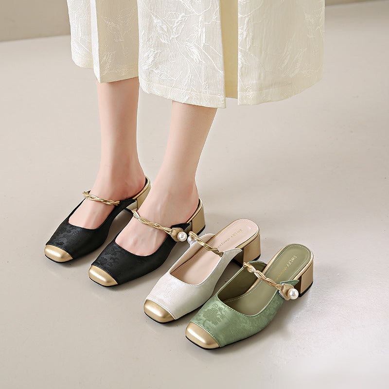 Set of black, white, and green genuine leather mules with block heels and pearl chain straps.