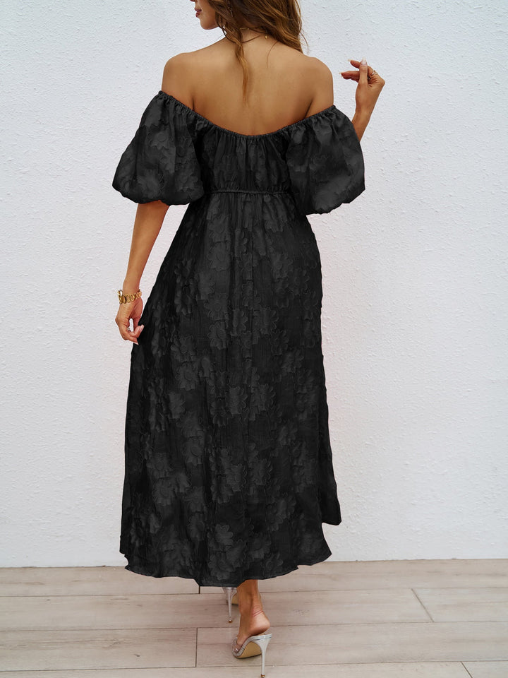 Black off-shoulder midi dress, back view, with puff sleeves and gathered waist