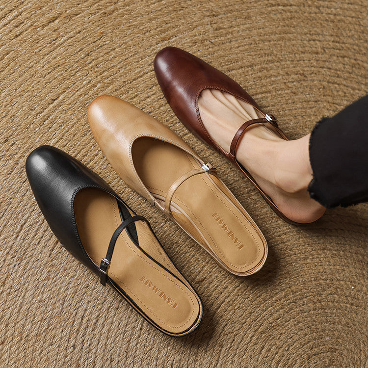 Brown and tan genuine leather mules with buckle ankle strap and almond toe