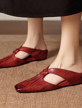 Red square-toe genuine leather mules with cushioned lining and small strap.